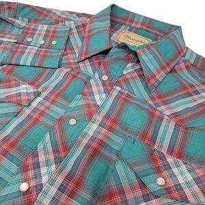 Wrangler Western Shirt Size XXL‎ Men's Pearl Snaps Green Red Plaid Long Sleeve